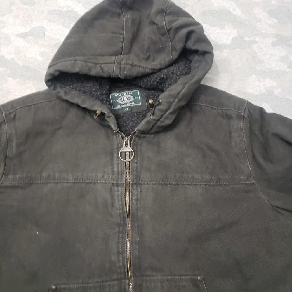 G.H. Bass Jacket Mens Large Gray Canvas Sherpa Lined Full Zip Hooded Workwear
